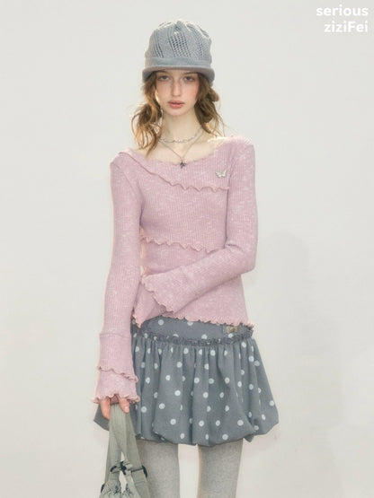 Flared Sleeves Mellow Pink Slimming Knit Top【s0000018918】