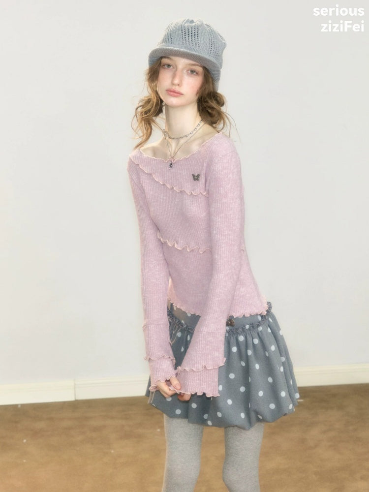 Flared Sleeves Mellow Pink Slimming Knit Top【s0000018918】