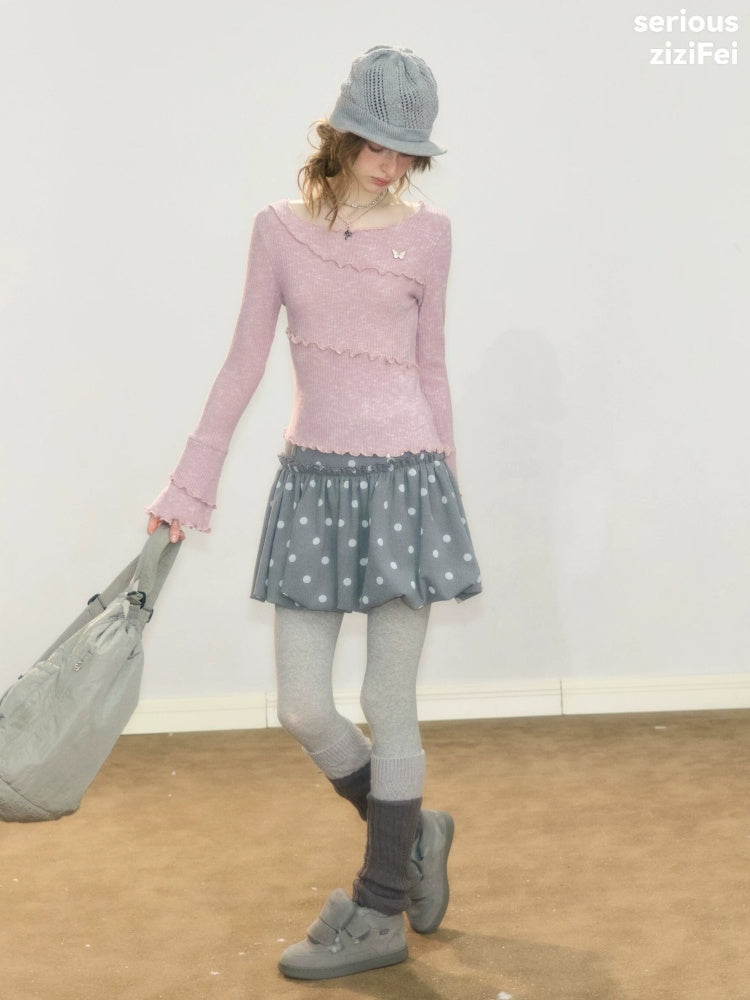 Flared Sleeves Mellow Pink Slimming Knit Top【s0000018918】