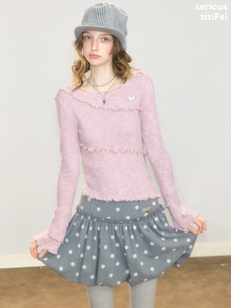Flared Sleeves Mellow Pink Slimming Knit Top【s0000018918】