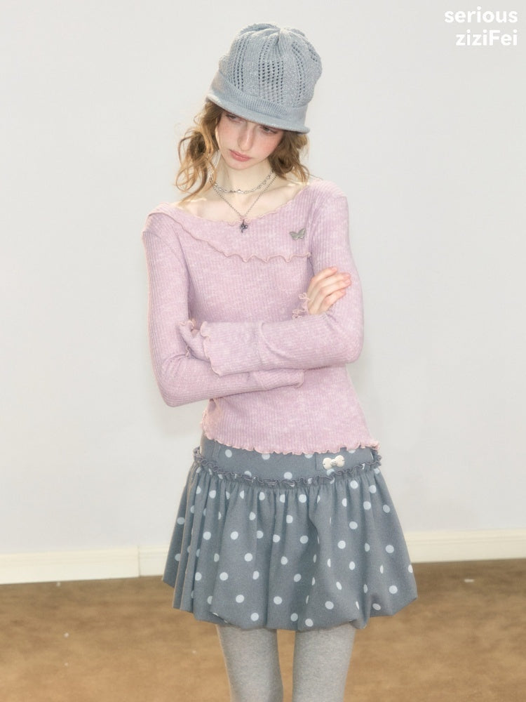 Flared Sleeves Mellow Pink Slimming Knit Top【s0000018918】