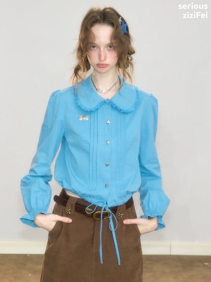 Tassel Doll Collar Short Drawstring Puff Sleeve Blue Shirt【s0000018919】