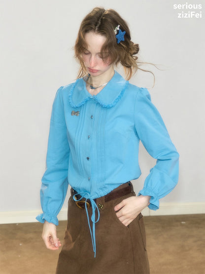 Tassel Doll Collar Short Drawstring Puff Sleeve Blue Shirt【s0000018919】