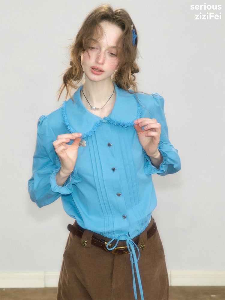 Tassel Doll Collar Short Drawstring Puff Sleeve Blue Shirt【s0000018919】