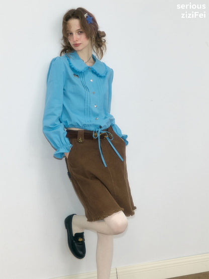 Tassel Doll Collar Short Drawstring Puff Sleeve Blue Shirt【s0000018919】