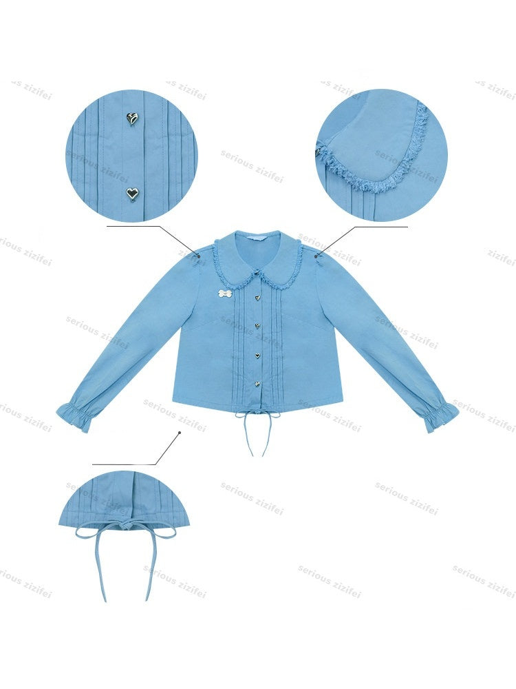 Tassel Doll Collar Short Drawstring Puff Sleeve Blue Shirt【s0000018919】