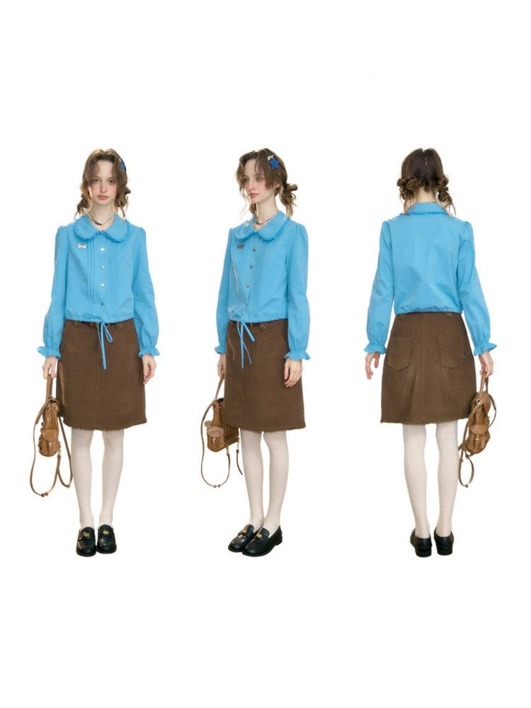 Tassel Doll Collar Short Drawstring Puff Sleeve Blue Shirt【s0000018919】