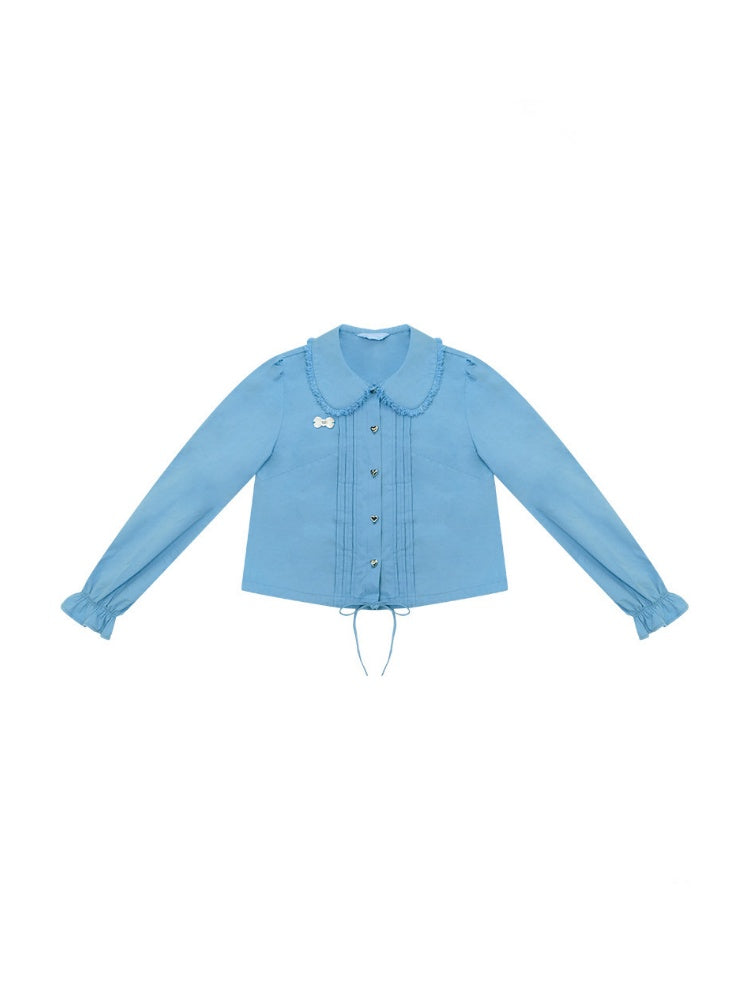 Tassel Doll Collar Short Drawstring Puff Sleeve Blue Shirt【s0000018919】