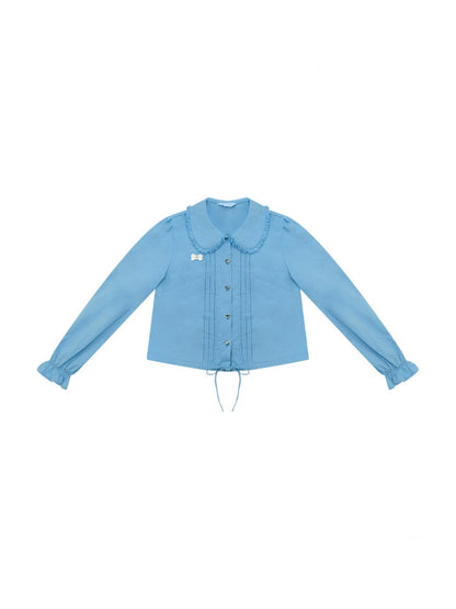 Tassel Doll Collar Short Drawstring Puff Sleeve Blue Shirt【s0000018919】