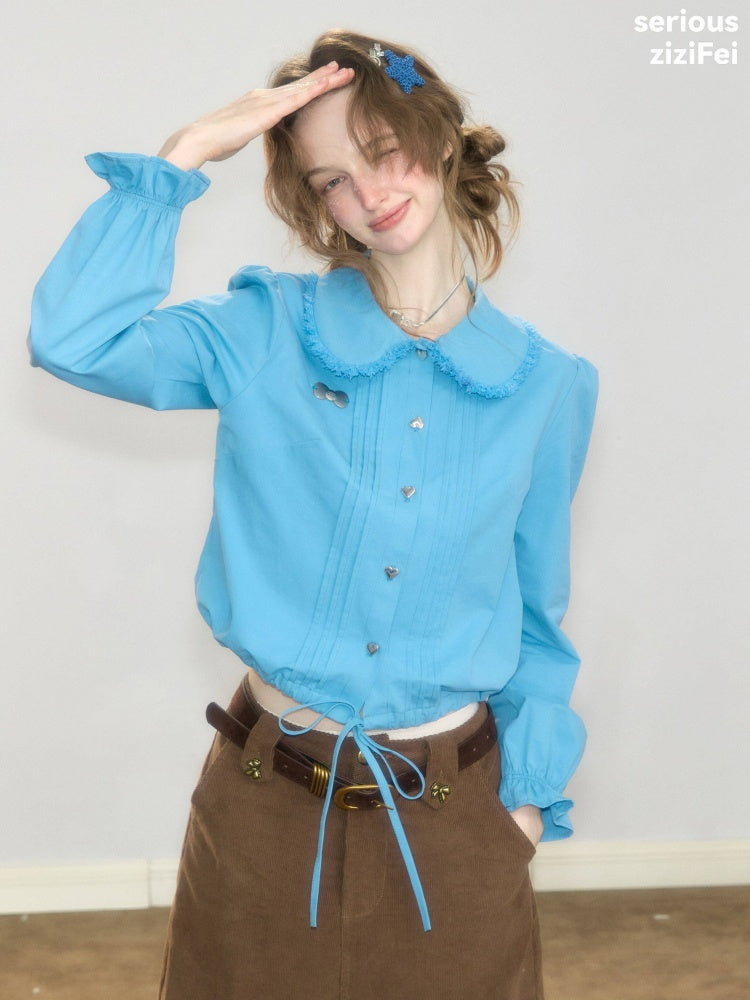 Tassel Doll Collar Short Drawstring Puff Sleeve Blue Shirt【s0000018919】