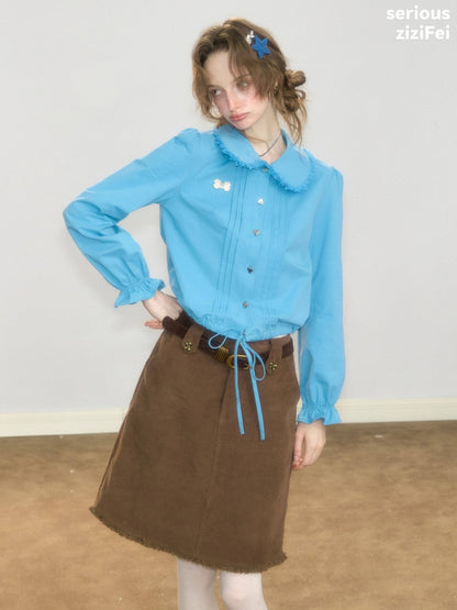 Tassel Doll Collar Short Drawstring Puff Sleeve Blue Shirt【s0000018919】