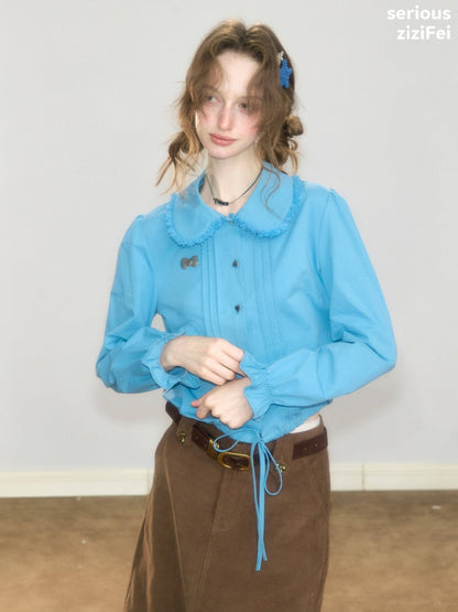 Tassel Doll Collar Short Drawstring Puff Sleeve Blue Shirt【s0000018919】