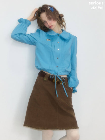 Tassel Doll Collar Short Drawstring Puff Sleeve Blue Shirt【s0000018919】