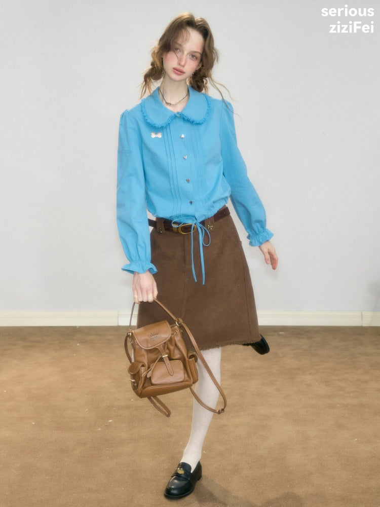 Tassel Doll Collar Short Drawstring Puff Sleeve Blue Shirt【s0000018919】