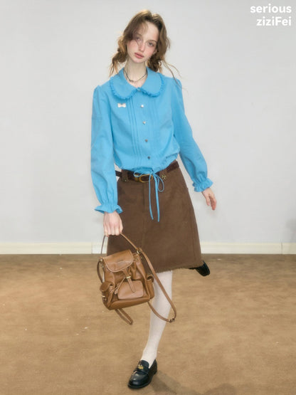 Tassel Doll Collar Short Drawstring Puff Sleeve Blue Shirt【s0000018919】