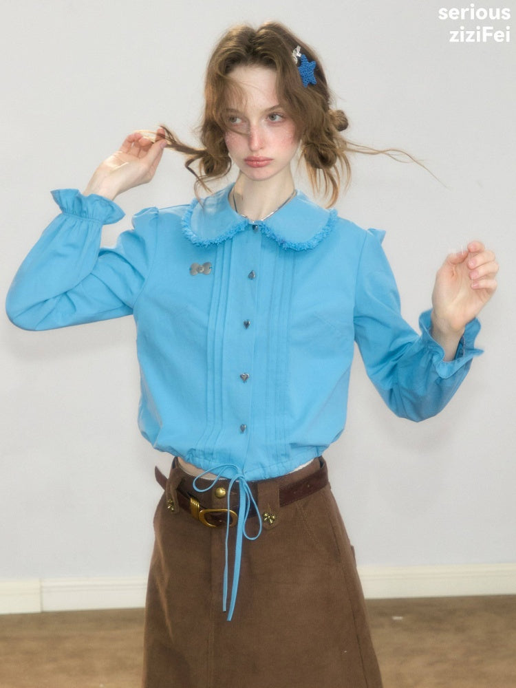 Tassel Doll Collar Short Drawstring Puff Sleeve Blue Shirt【s0000018919】