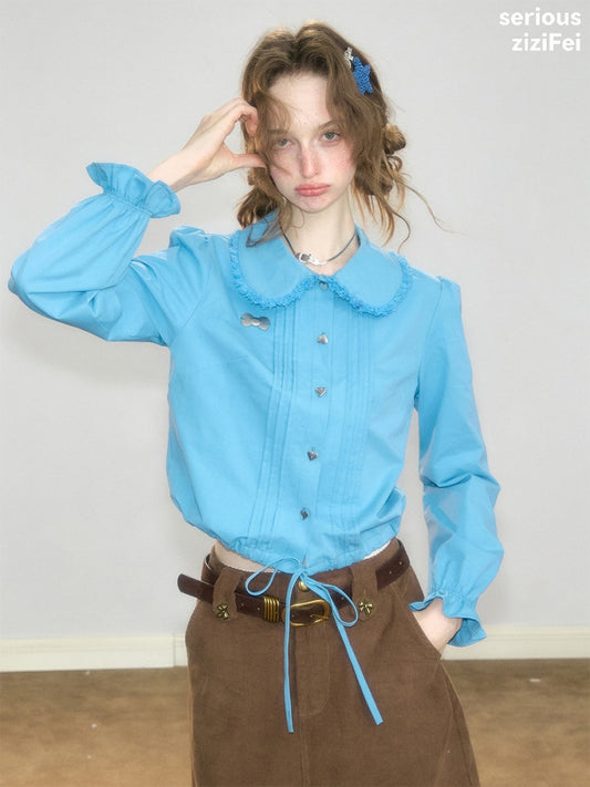 Tassel Doll Collar Short Drawstring Puff Sleeve Blue Shirt【s0000018919】
