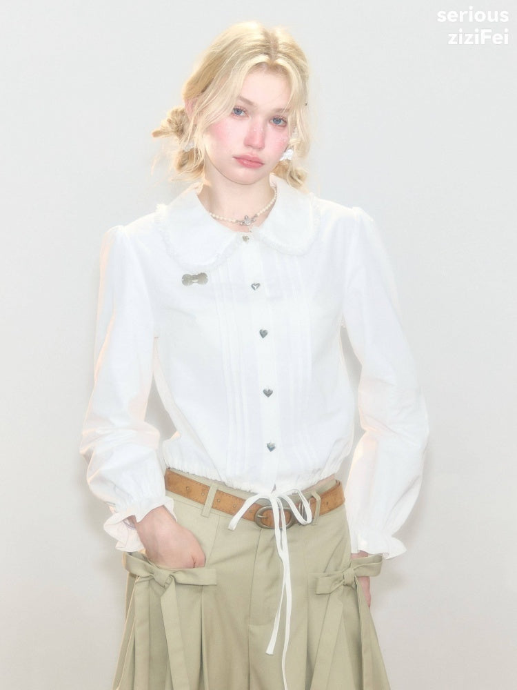 Tassel Doll Collar Short Drawstring Puff Sleeve White Shirt【s0000018920】