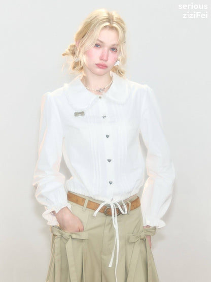 Tassel Doll Collar Short Drawstring Puff Sleeve White Shirt【s0000018920】