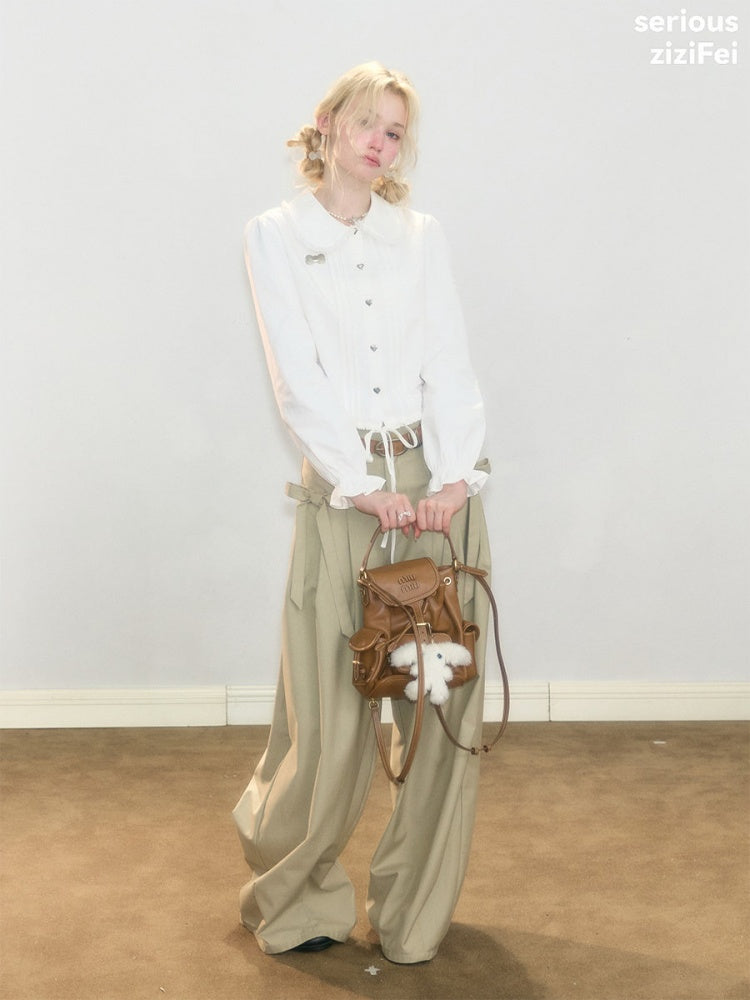 Tassel Doll Collar Short Drawstring Puff Sleeve White Shirt【s0000018920】