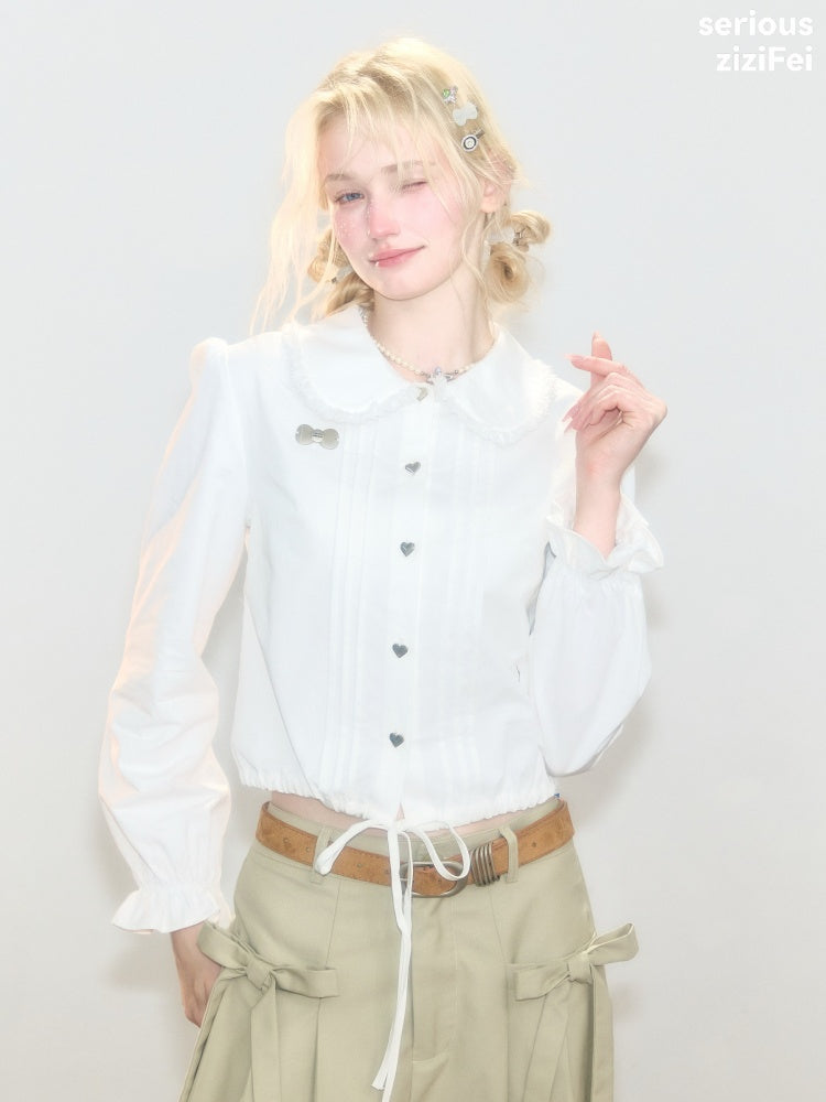 Tassel Doll Collar Short Drawstring Puff Sleeve White Shirt【s0000018920】