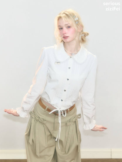 Tassel Doll Collar Short Drawstring Puff Sleeve White Shirt【s0000018920】