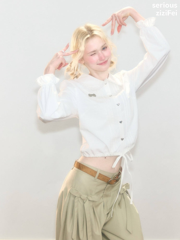 Tassel Doll Collar Short Drawstring Puff Sleeve White Shirt【s0000018920】