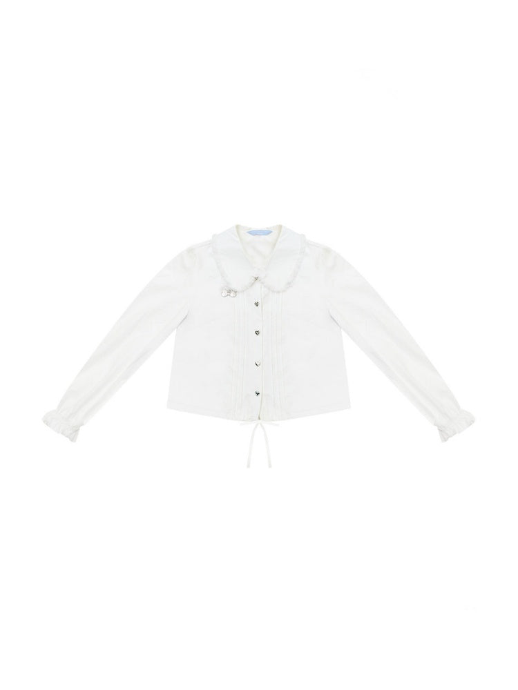 Tassel Doll Collar Short Drawstring Puff Sleeve White Shirt【s0000018920】