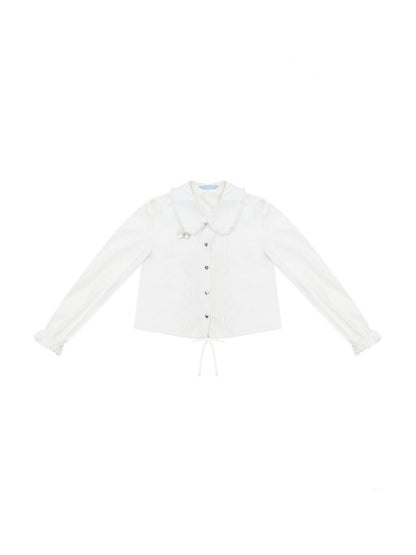 Tassel Doll Collar Short Drawstring Puff Sleeve White Shirt【s0000018920】