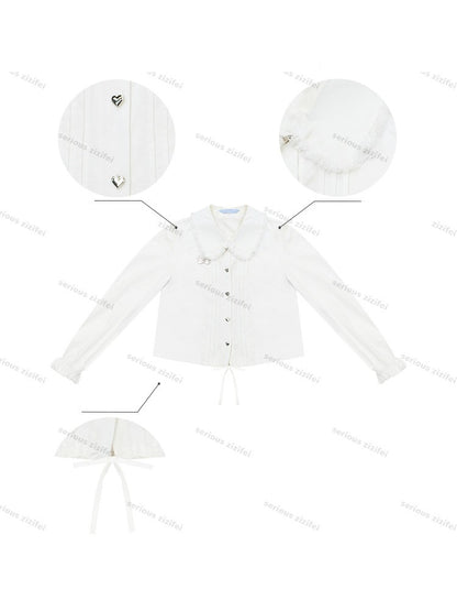 Tassel Doll Collar Short Drawstring Puff Sleeve White Shirt【s0000018920】