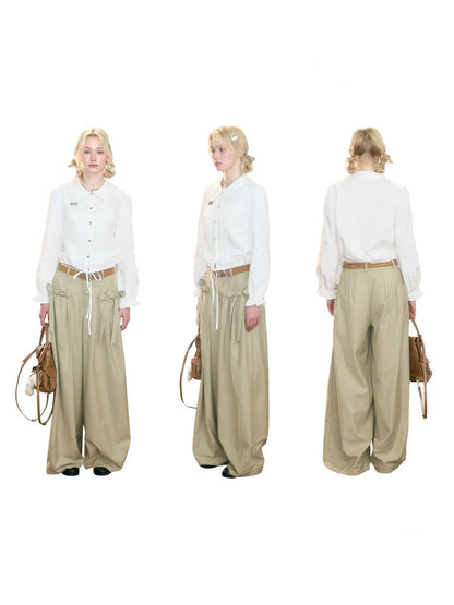Tassel Doll Collar Short Drawstring Puff Sleeve White Shirt【s0000018920】