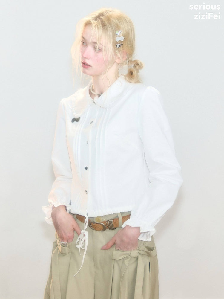 Tassel Doll Collar Short Drawstring Puff Sleeve White Shirt【s0000018920】