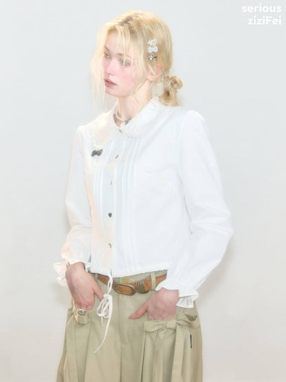 Tassel Doll Collar Short Drawstring Puff Sleeve White Shirt【s0000018920】