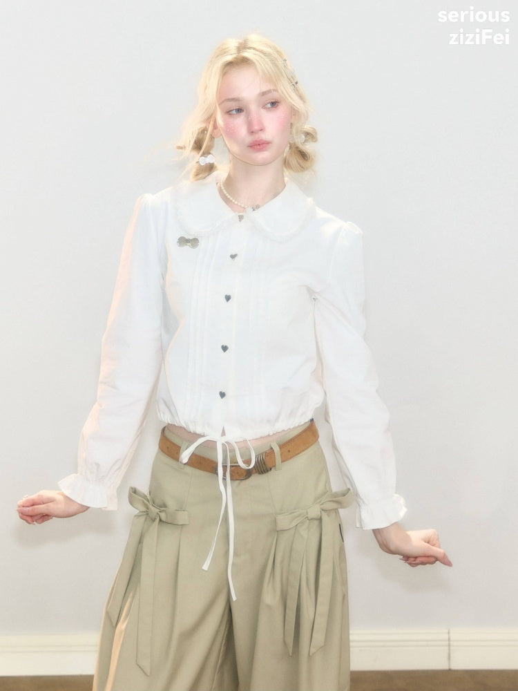 Tassel Doll Collar Short Drawstring Puff Sleeve White Shirt【s0000018920】