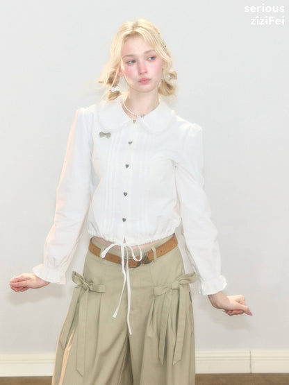 Tassel Doll Collar Short Drawstring Puff Sleeve White Shirt【s0000018920】