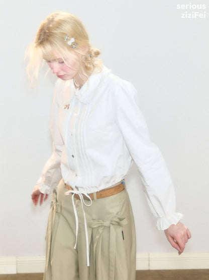 Tassel Doll Collar Short Drawstring Puff Sleeve White Shirt【s0000018920】