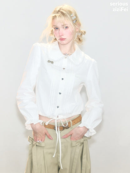 Tassel Doll Collar Short Drawstring Puff Sleeve White Shirt【s0000018920】