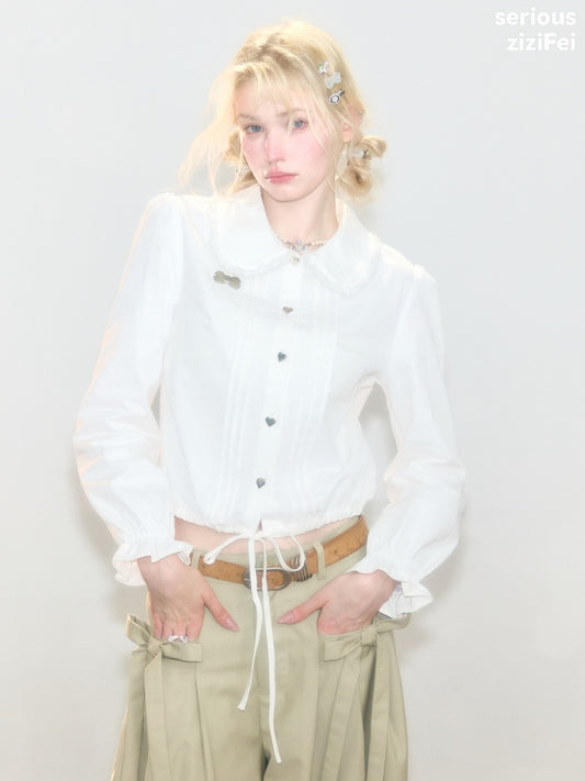 Tassel Doll Collar Short Drawstring Puff Sleeve White Shirt【s0000018920】