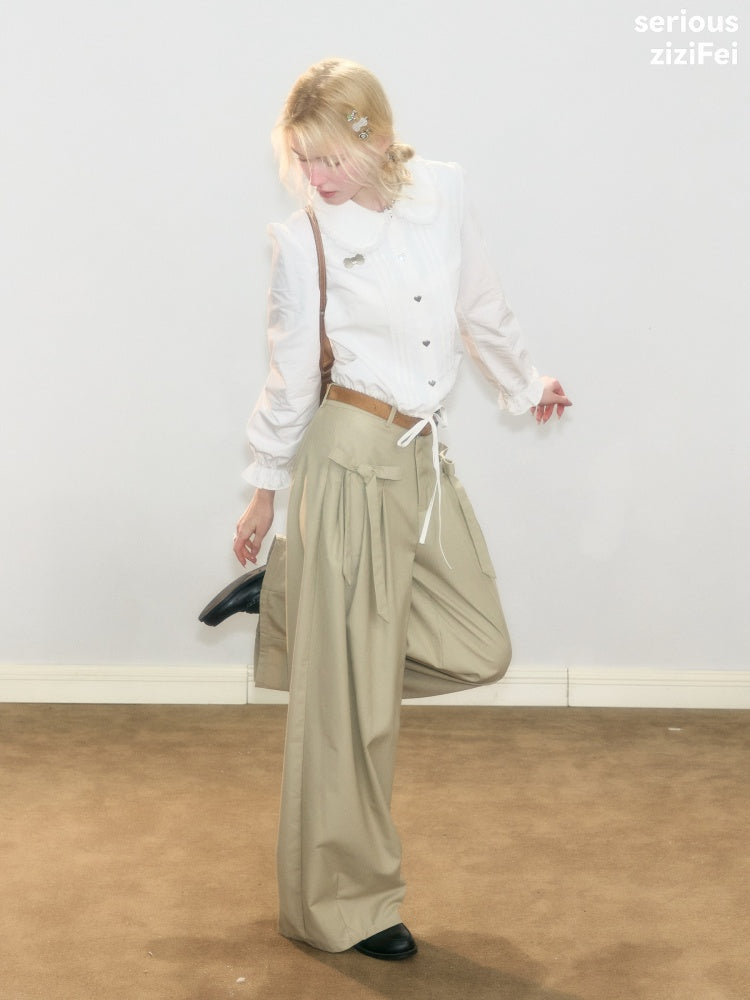 Tassel Doll Collar Short Drawstring Puff Sleeve White Shirt【s0000018920】