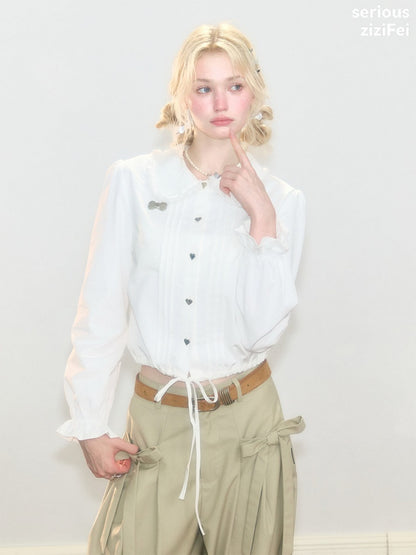 Tassel Doll Collar Short Drawstring Puff Sleeve White Shirt【s0000018920】