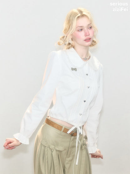 Tassel Doll Collar Short Drawstring Puff Sleeve White Shirt【s0000018920】