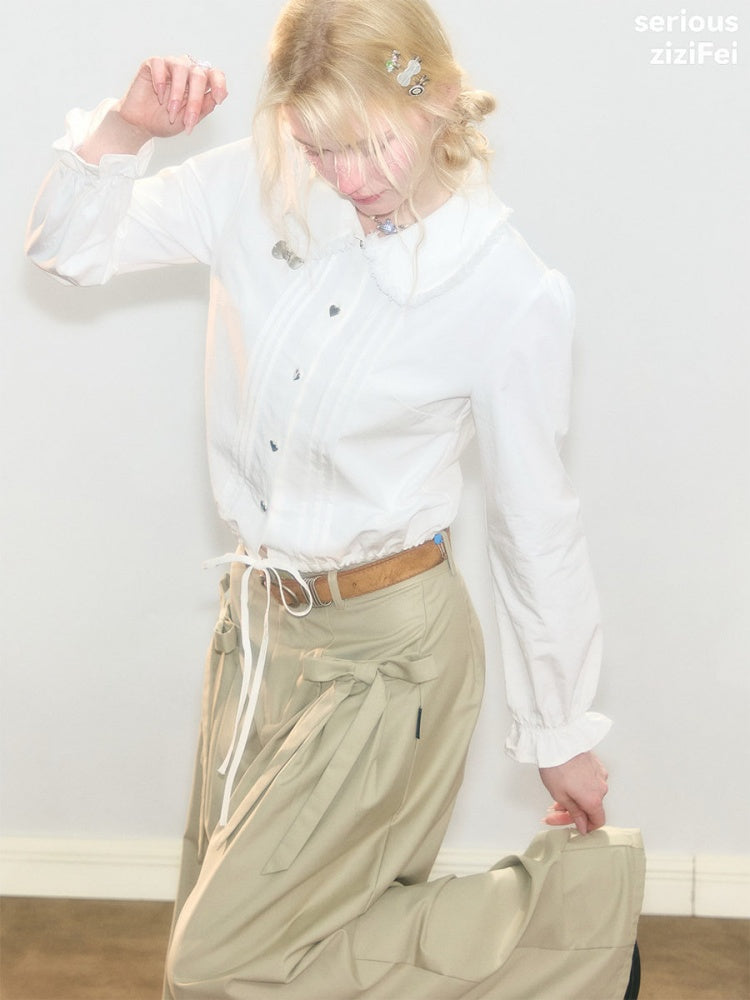 Tassel Doll Collar Short Drawstring Puff Sleeve White Shirt【s0000018920】