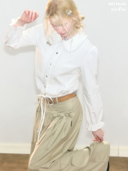 Tassel Doll Collar Short Drawstring Puff Sleeve White Shirt【s0000018920】
