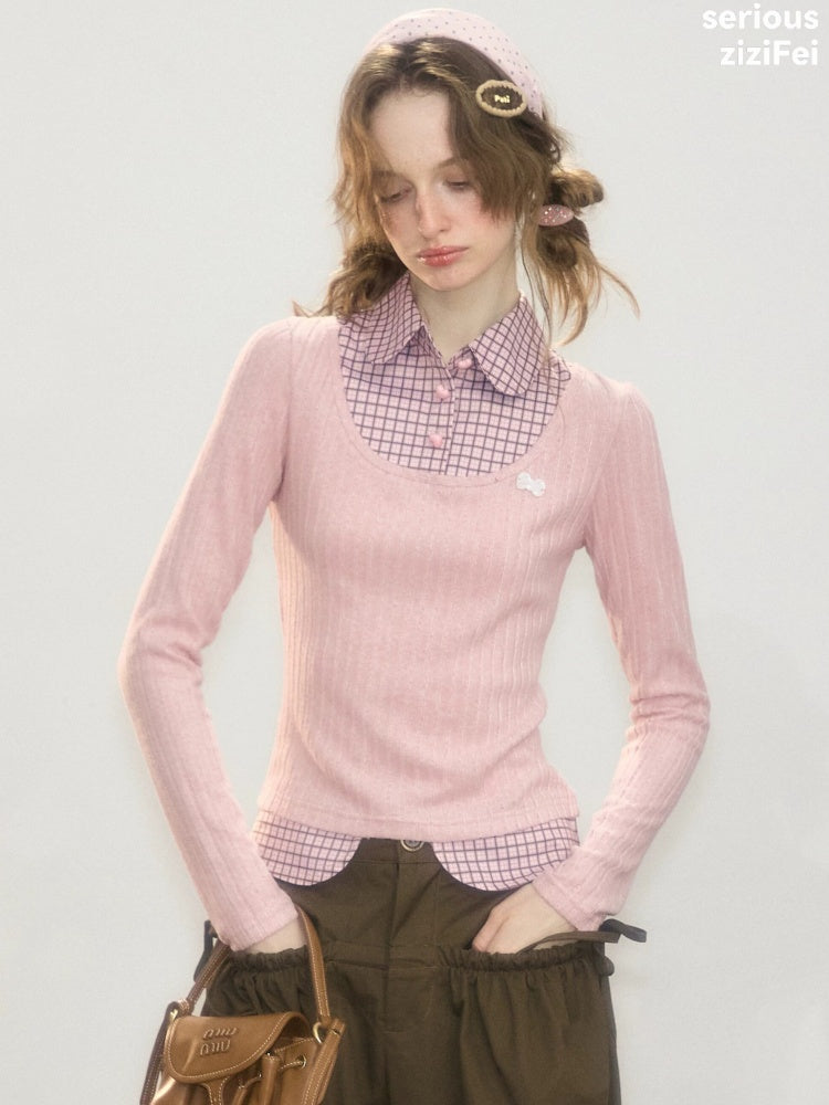 Plaid Fake Two-Piece Doll Collar Pink Knit Top【s0000018921】