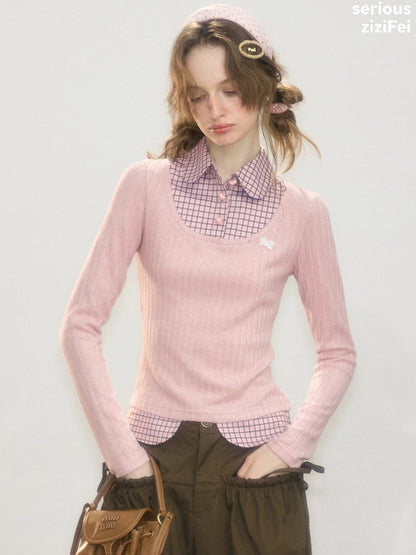 Plaid Fake Two-Piece Doll Collar Pink Knit Top【s0000018921】