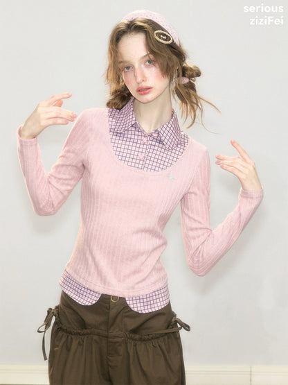 Plaid Fake Two-Piece Doll Collar Pink Knit Top【s0000018921】