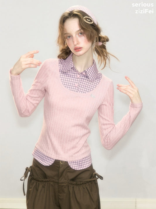 Plaid Fake Two-Piece Doll Collar Pink Knit Top【s0000018921】