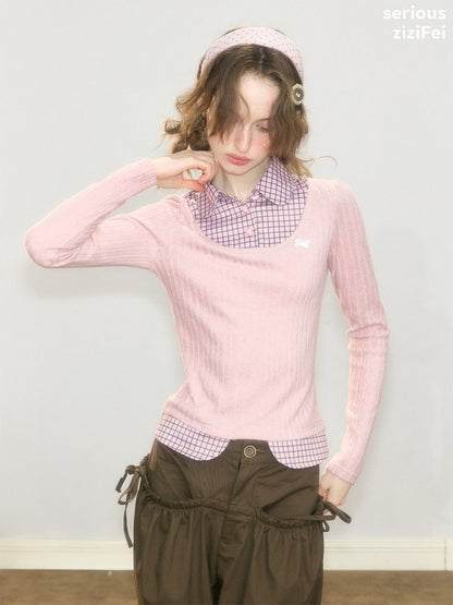 Plaid Fake Two-Piece Doll Collar Pink Knit Top【s0000018921】