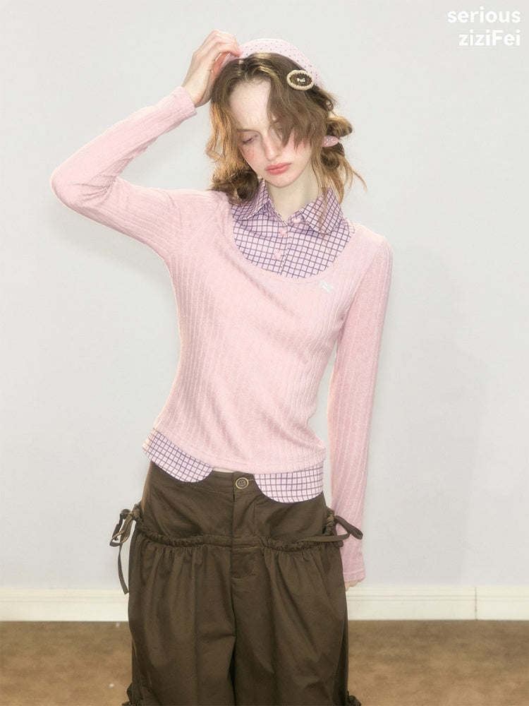 Plaid Fake Two-Piece Doll Collar Pink Knit Top【s0000018921】