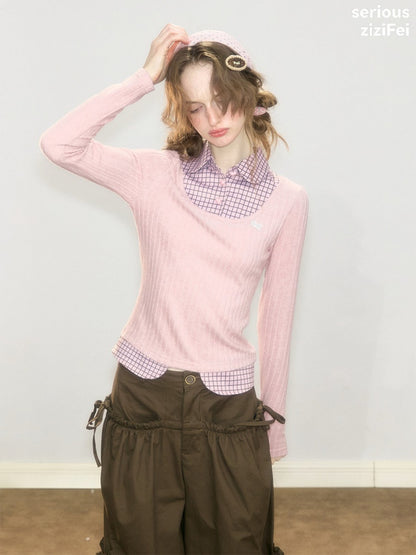 Plaid Fake Two-Piece Doll Collar Pink Knit Top【s0000018921】